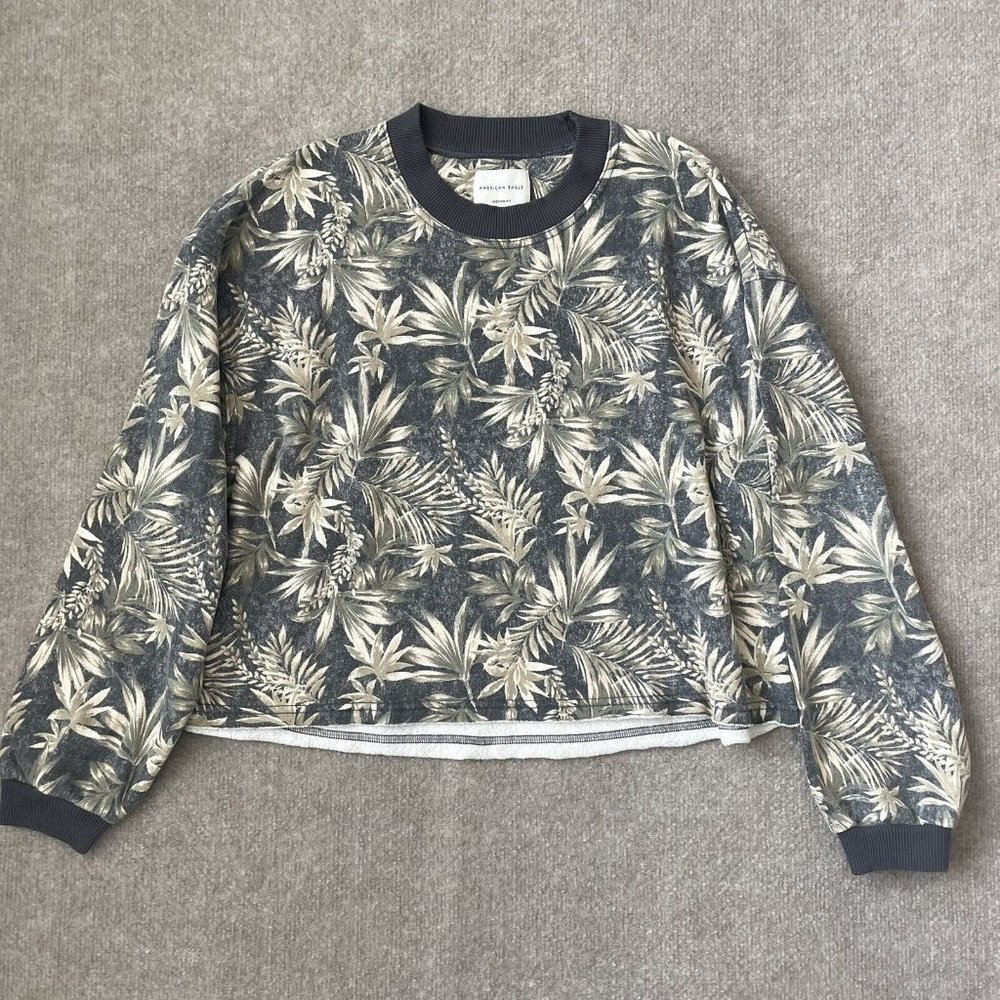 American Eagle Sweatshirt Womens Small Grey Green Leaves Jegging Fit Cropped